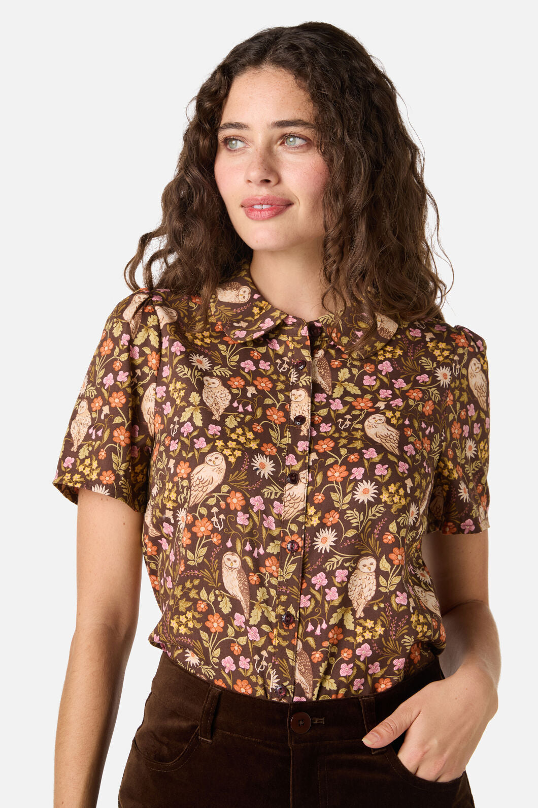 Princess Highway - Forest Owl Short Sleeve Blouse - chocolate