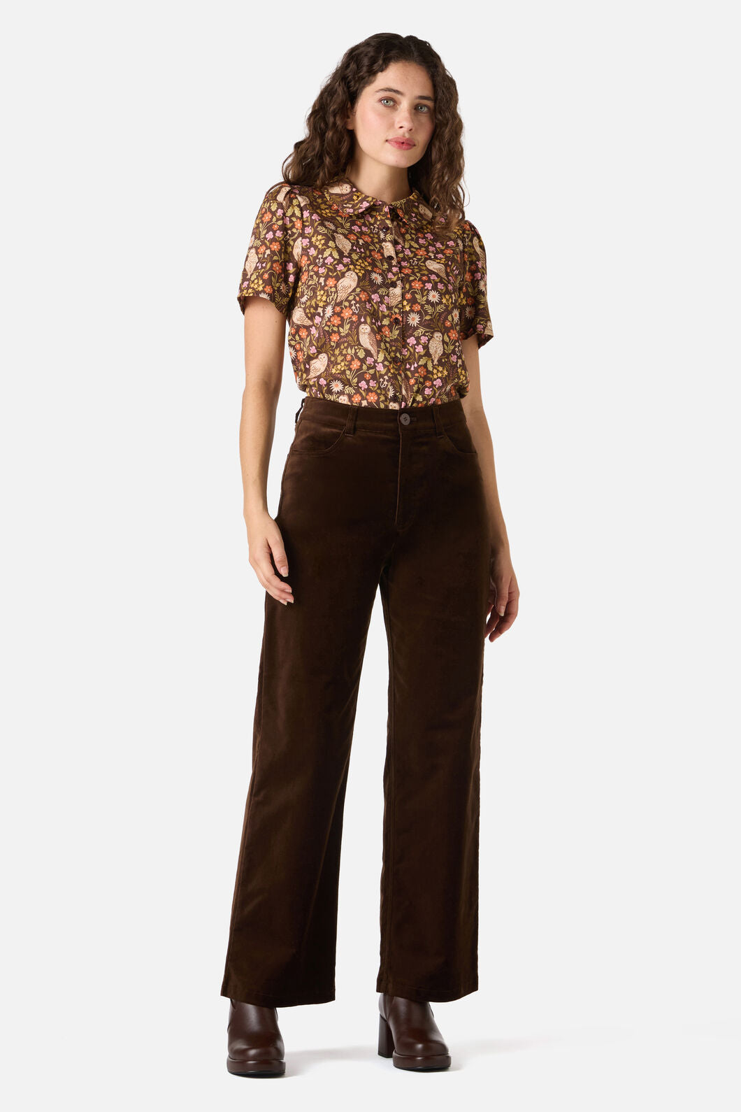 Princess Highway - Forest Owl Short Sleeve Blouse - chocolate