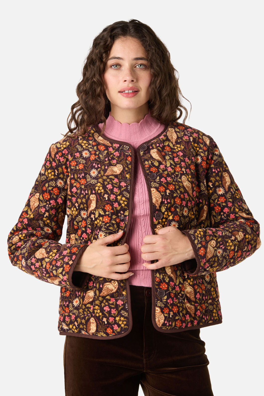 Princess Highway - Forest Owl Quilted Cord Jacket - chocolate