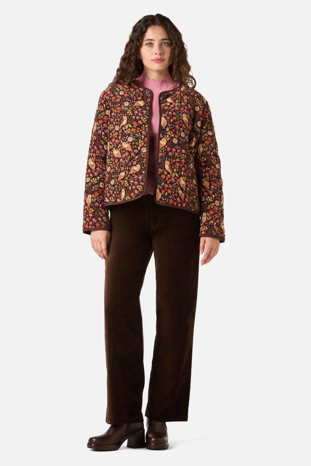Princess Highway - Forest Owl Quilted Cord Jacket - chocolate
