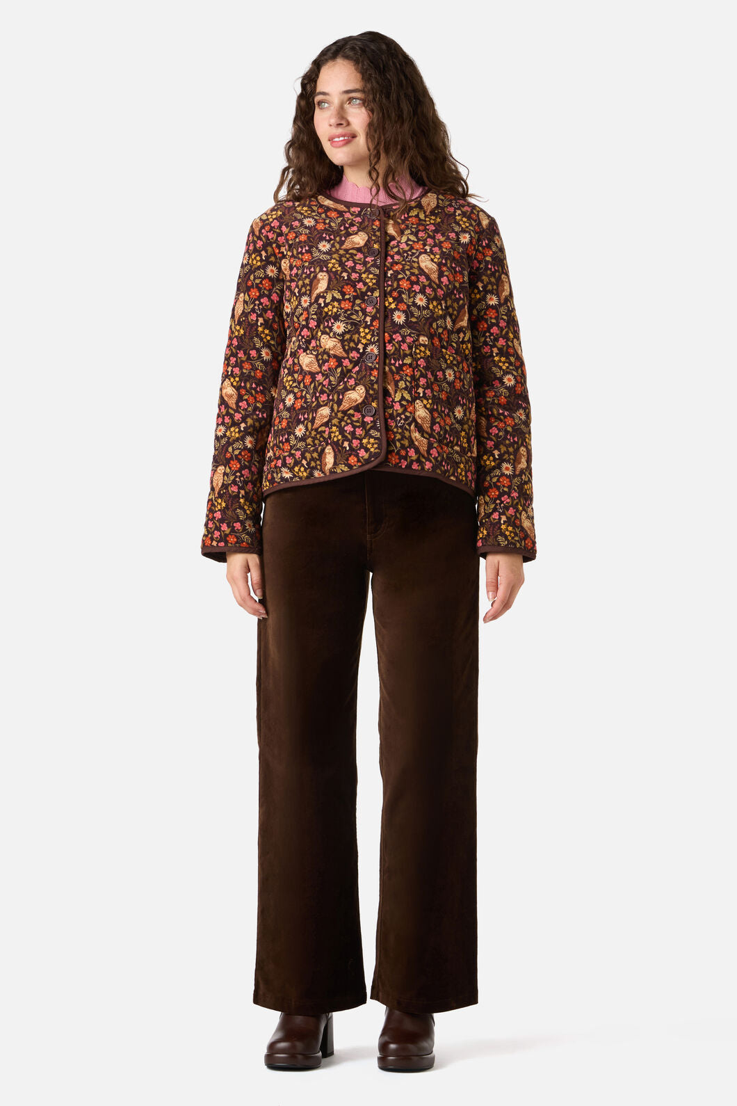 Princess Highway - Forest Owl Quilted Cord Jacket - chocolate