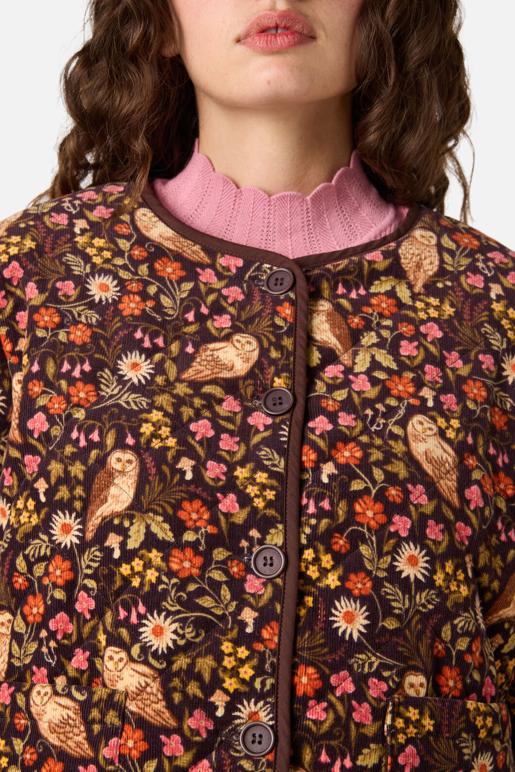 Princess Highway - Forest Owl Quilted Cord Jacket - chocolate