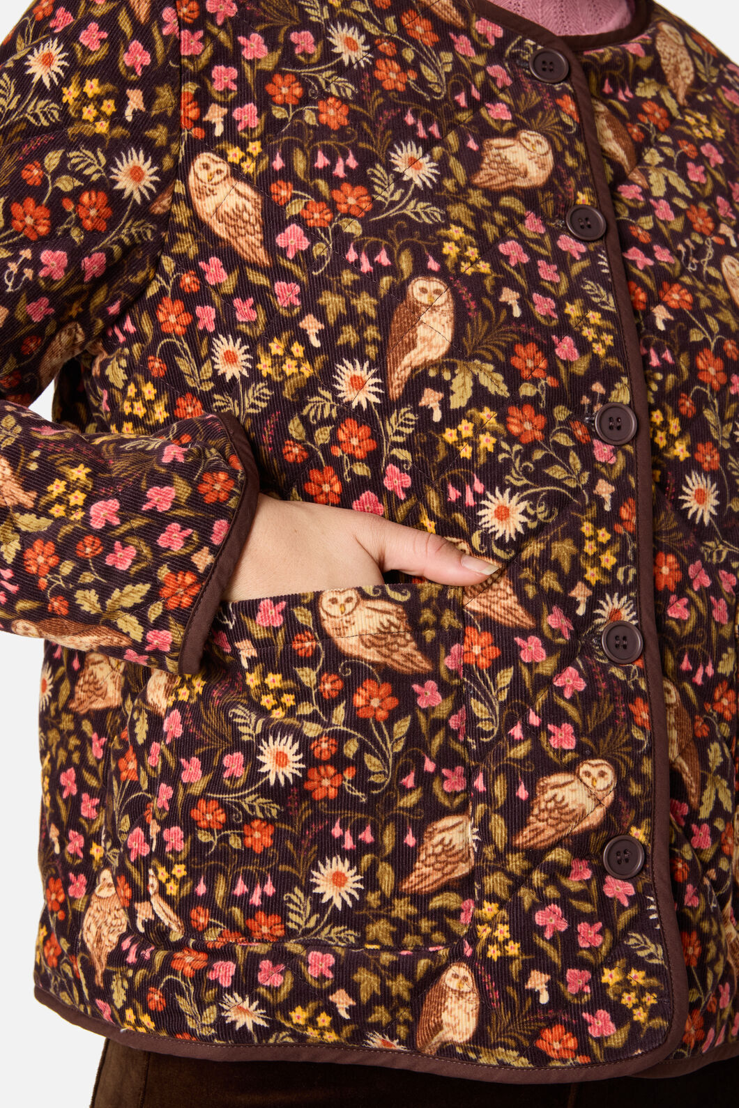 Princess Highway - Forest Owl Quilted Cord Jacket - chocolate