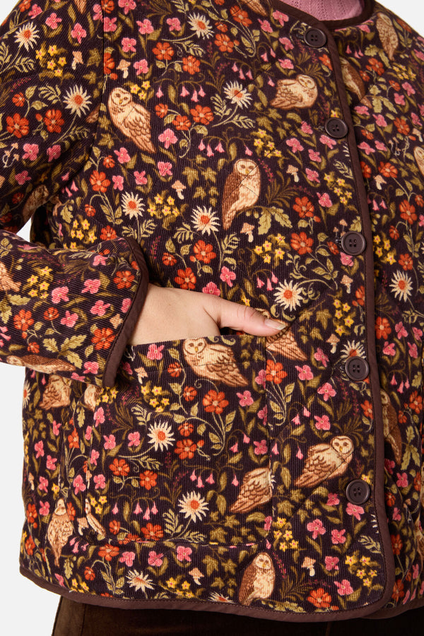Princess Highway - Forest Owl Quilted Cord Jacket - chocolate