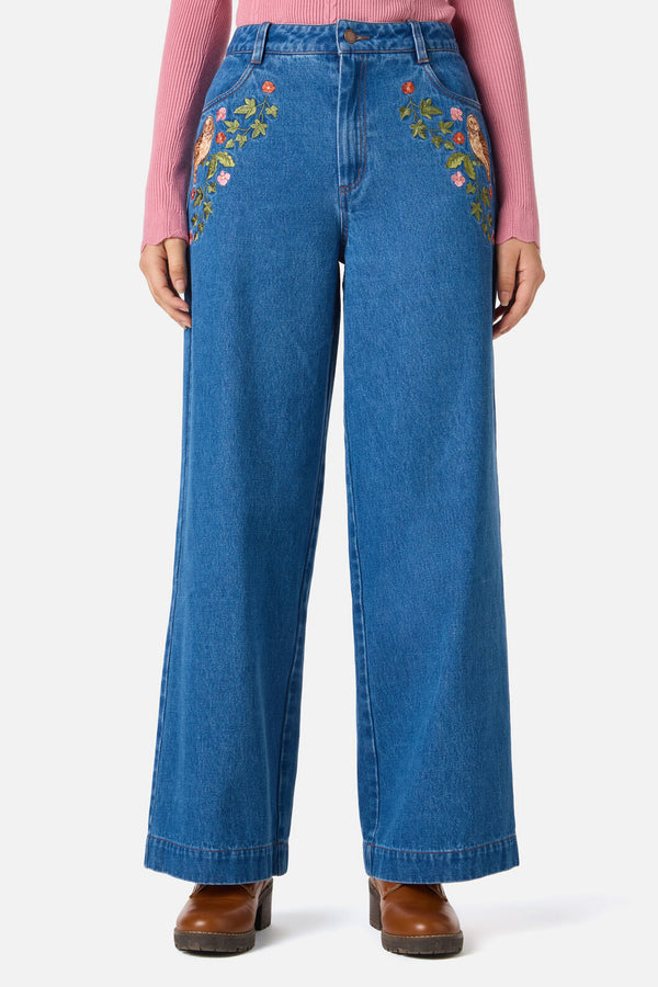 Princess Highway - Forest Owl Embroidered Jean - blue-denim