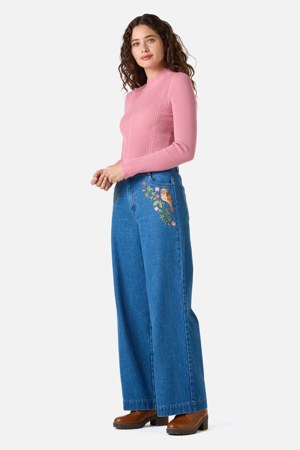 Princess Highway - Forest Owl Embroidered Jean - blue-denim