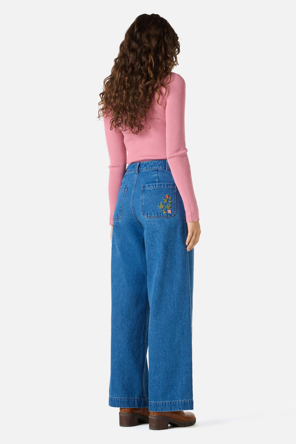 Princess Highway - Forest Owl Embroidered Jean - blue-denim