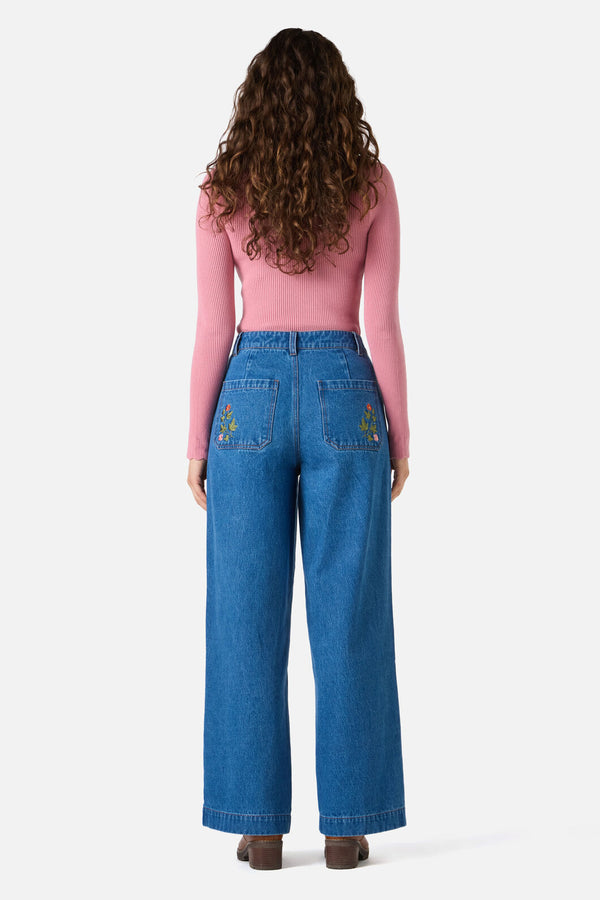 Princess Highway - Forest Owl Embroidered Jean - blue-denim