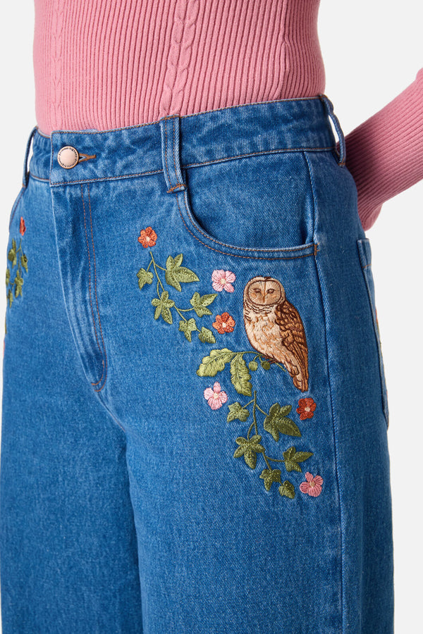 Princess Highway - Forest Owl Embroidered Jean - blue-denim