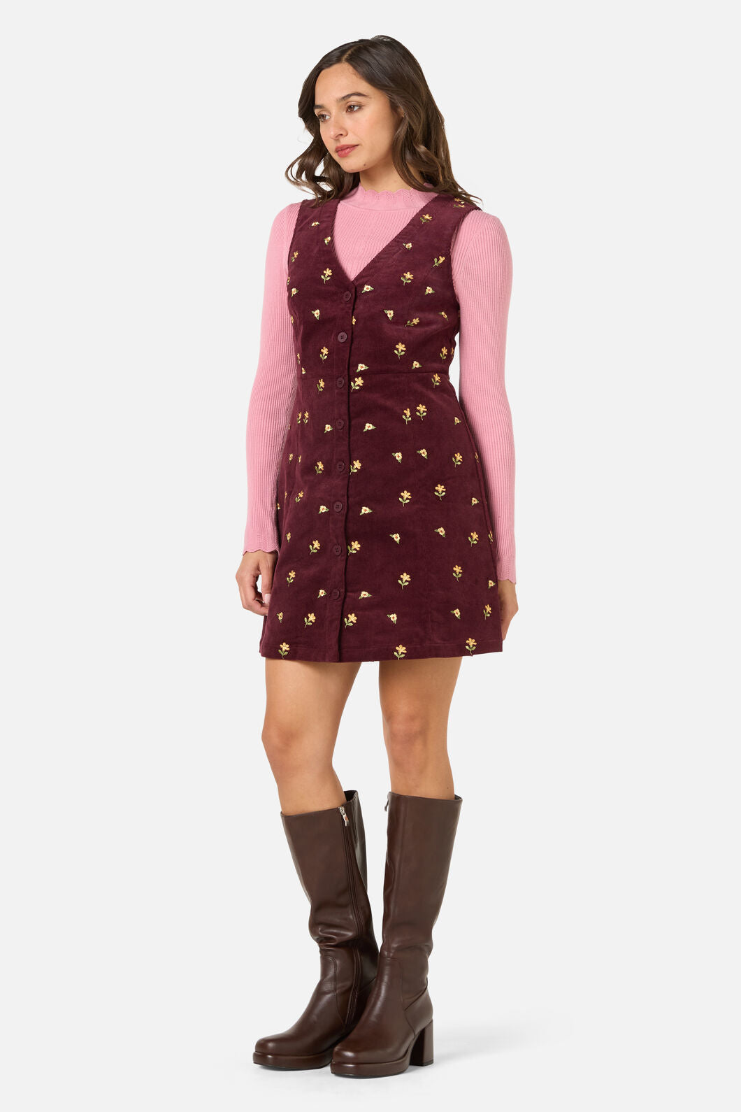 Princess Highway - Iris Embroidered Cord Pinafore - plum