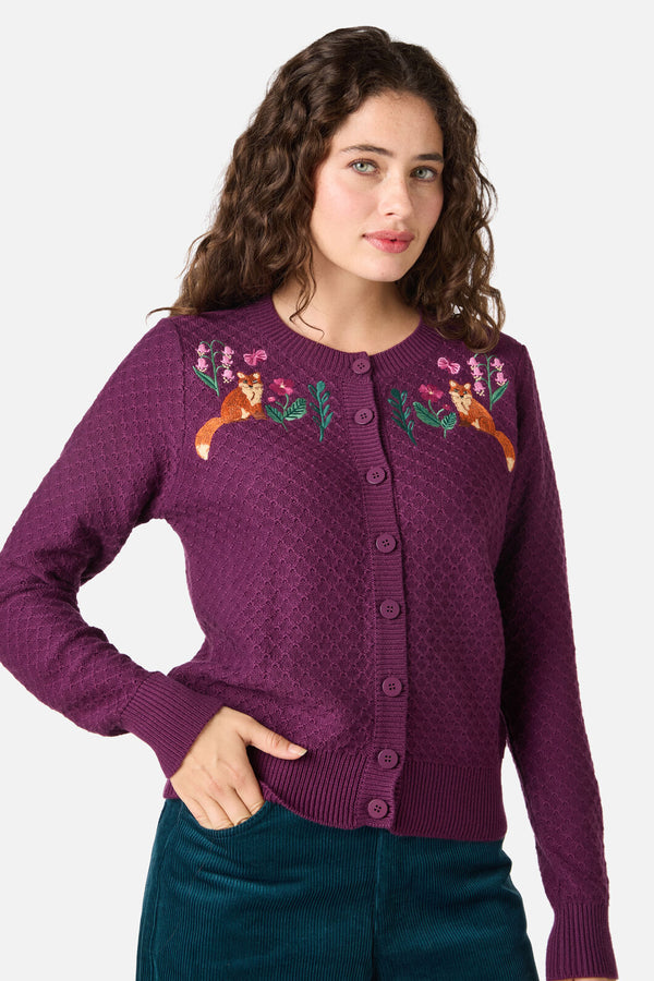 Princess Highway - Fox Embroidered Cardigan - plum