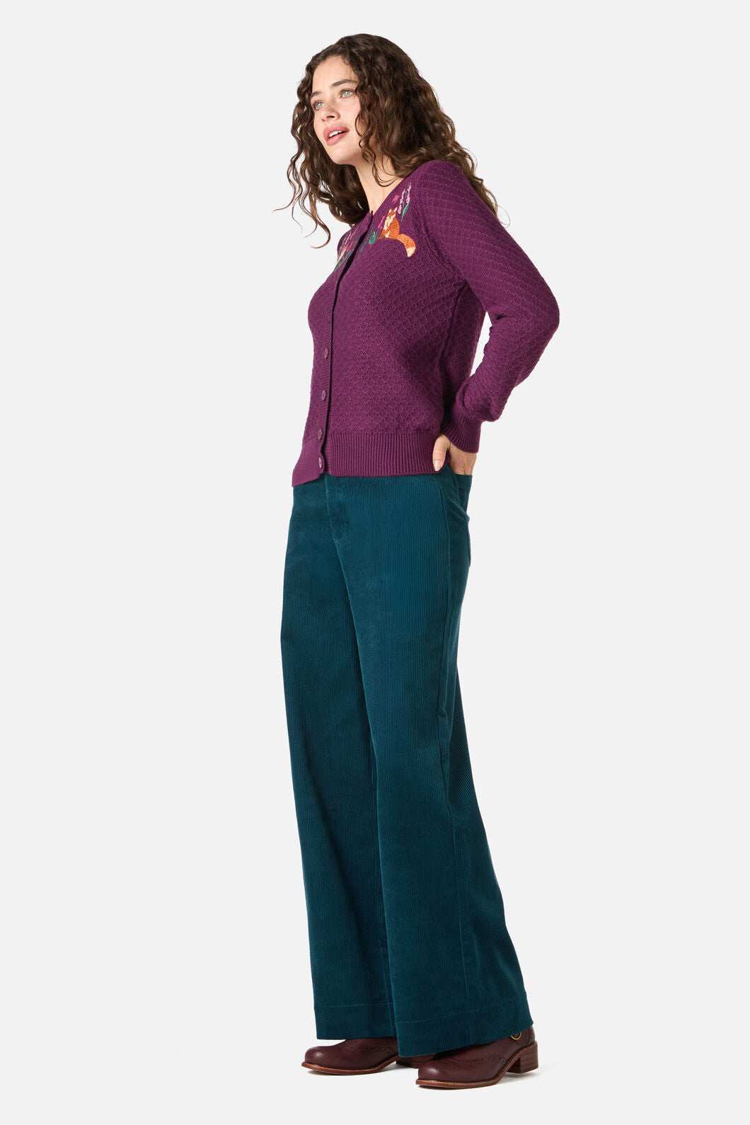 Princess Highway - Fox Embroidered Cardigan - plum