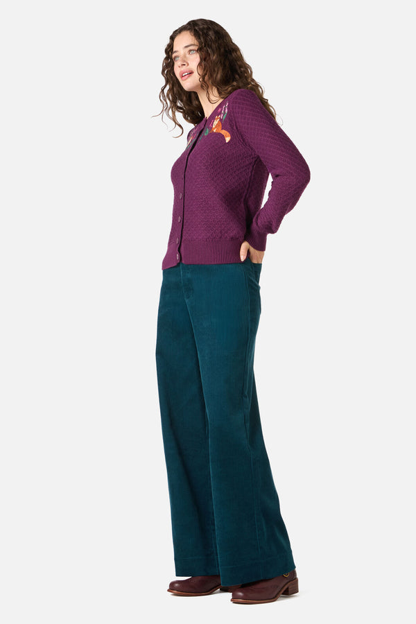 Princess Highway - Fox Embroidered Cardigan - plum