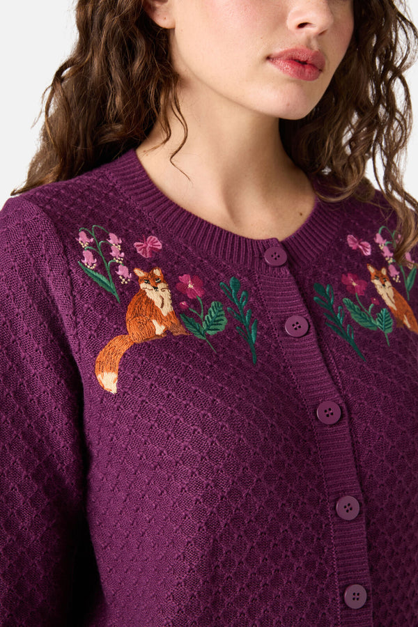 Princess Highway - Fox Embroidered Cardigan - plum
