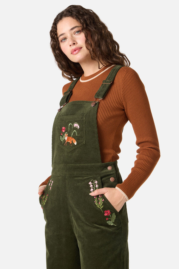 Princess Highway - Fox Embroidered Cord Overall - olive
