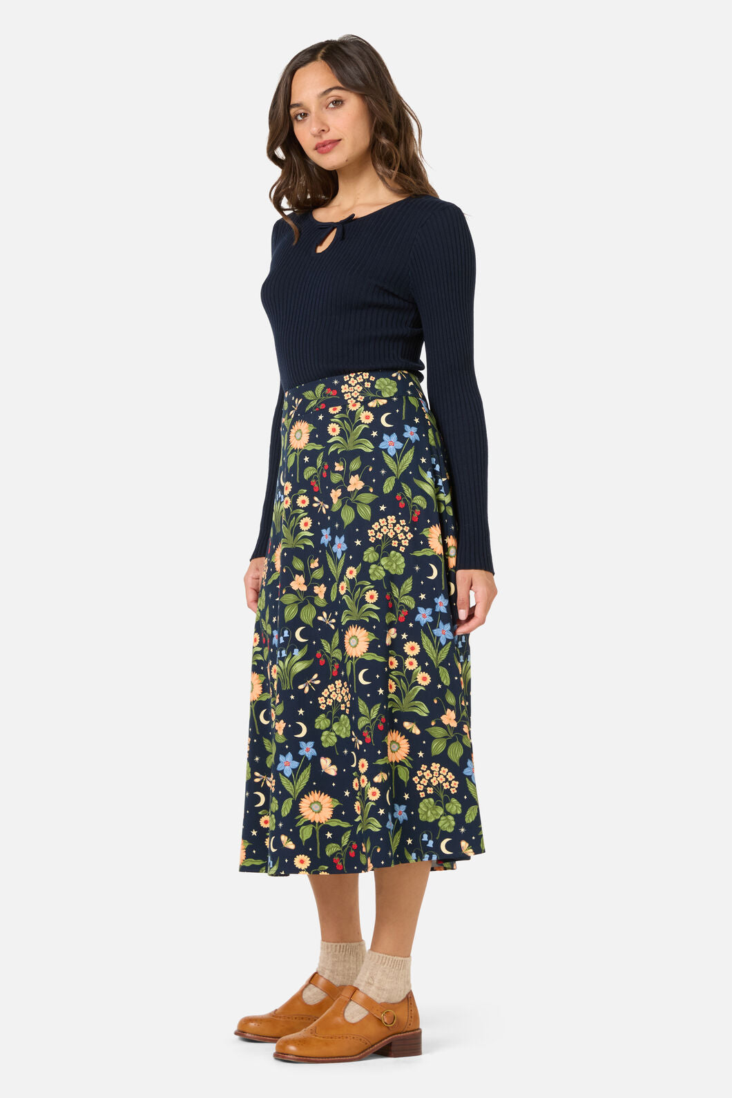 Princess Highway - Midnight Garden Midi Skirt - navy