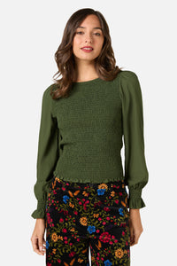 Princess Highway - Ebony Shirred Long Sleeve Top - dark-green