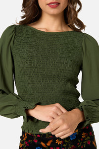 Princess Highway - Ebony Shirred Long Sleeve Top - dark-green