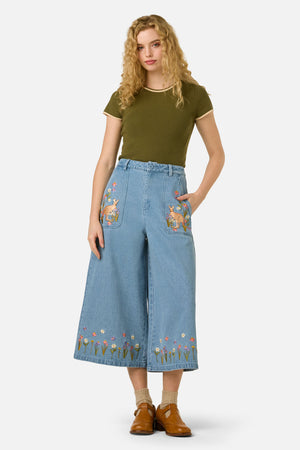 Princess Highway - Kangaroo Embroidered Culotte - blue-denim