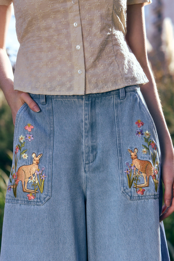 Princess Highway - Kangaroo Embroidered Culotte - blue-denim