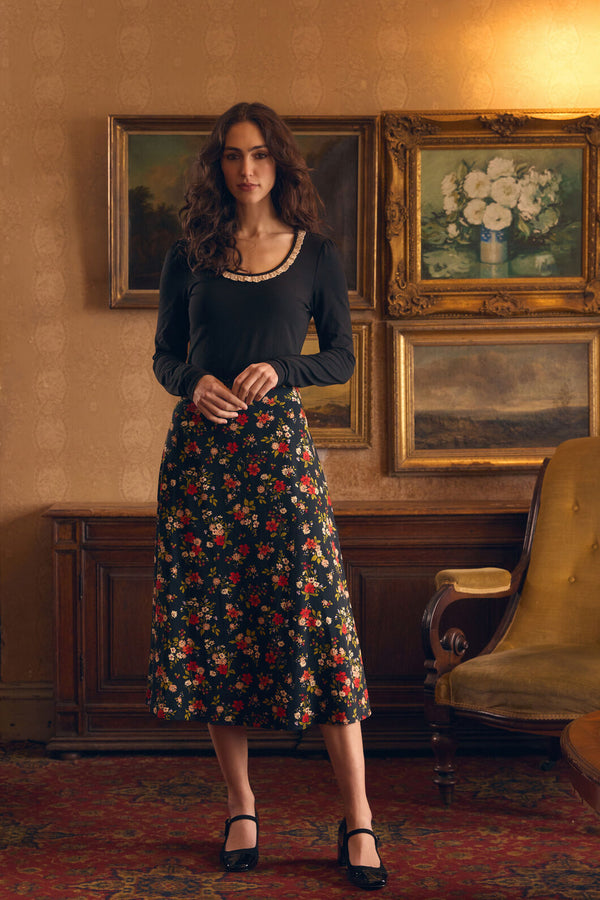 Princess Highway - Posy Floral Midi Skirt - black