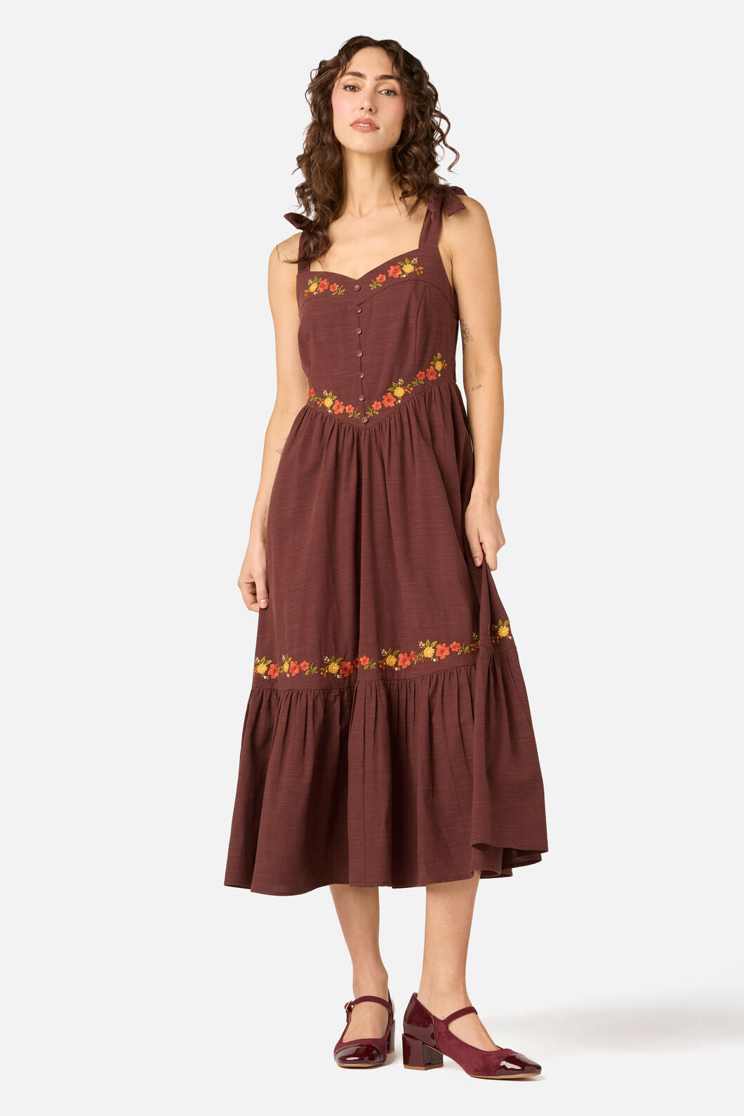 Princess Highway - 90'S Posy Embroidered Dress - chocolate