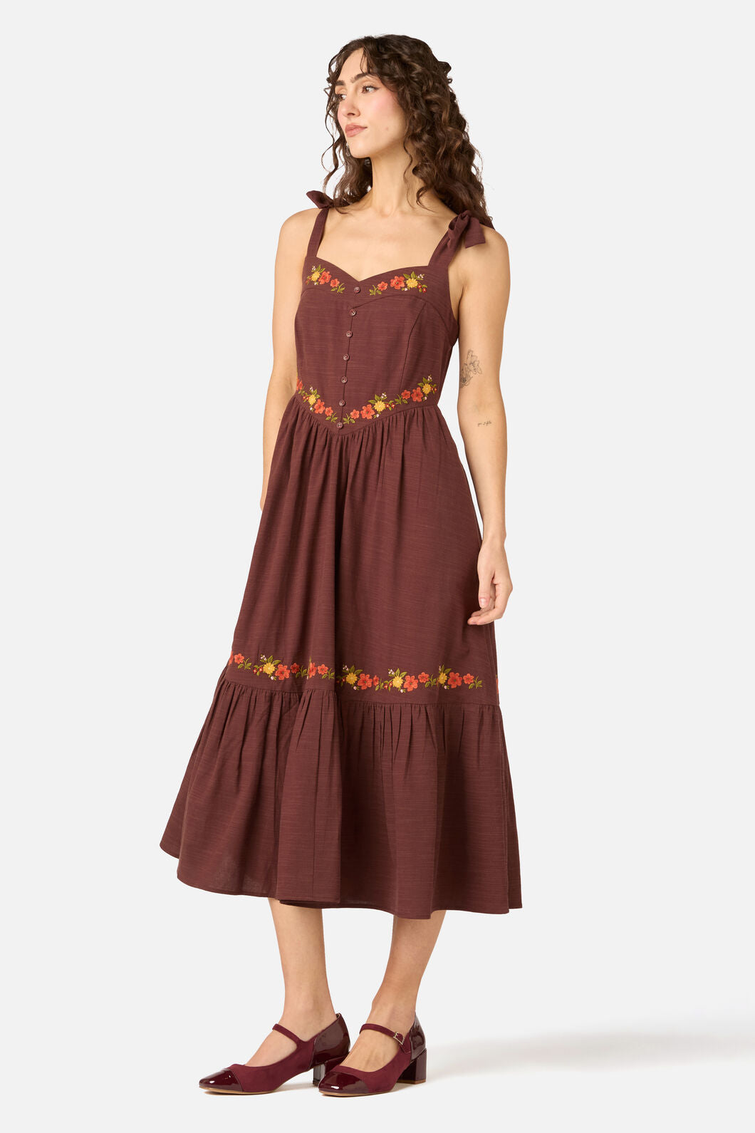 Princess Highway - 90'S Posy Embroidered Dress - chocolate