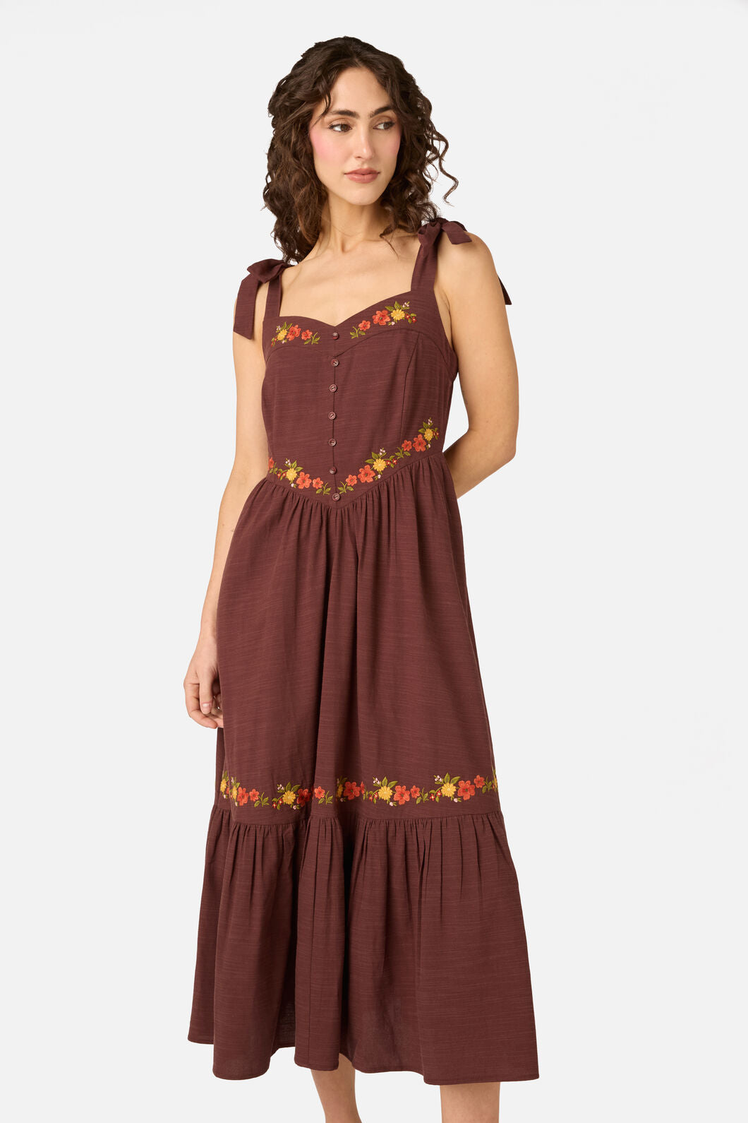 Princess Highway - 90'S Posy Embroidered Dress - chocolate
