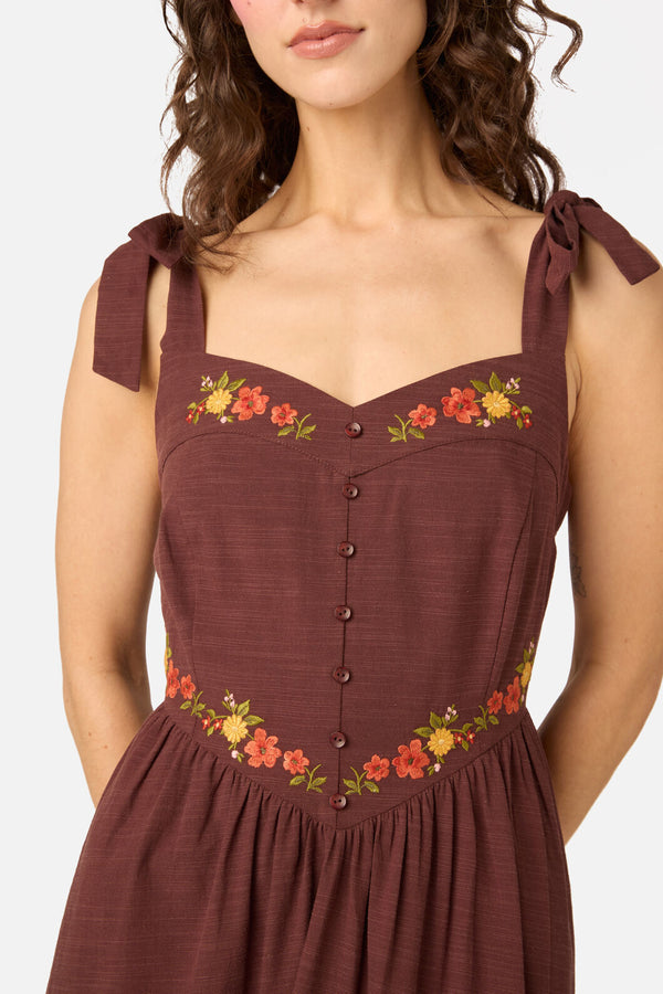 Princess Highway - 90'S Posy Embroidered Dress - chocolate