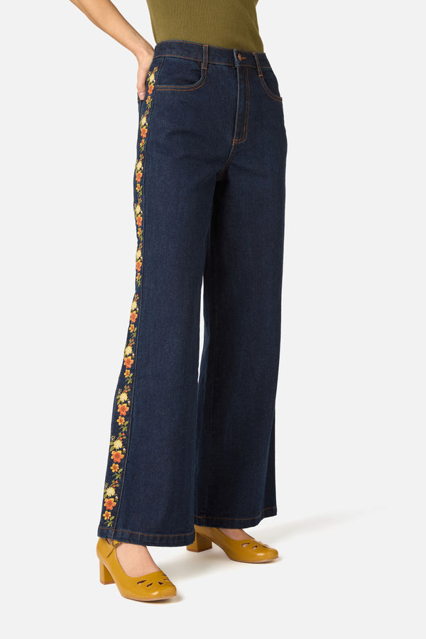 Princess Highway - 90'S Posy Embroidered Jean - blue-denim