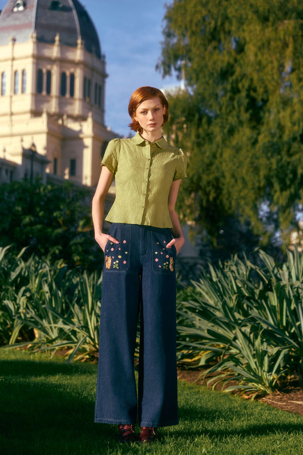 Princess Highway - Cats Embroidered Denim Jean - blue-denim