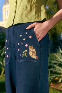 Princess Highway - Cats Embroidered Denim Jean - blue-denim