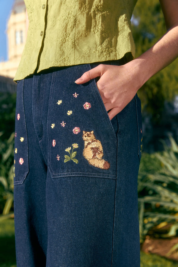 Princess Highway - Cats Embroidered Denim Jean - blue-denim