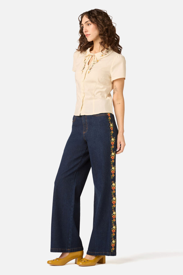 Princess Highway - 90'S Posy Embroidered Blouse - cream