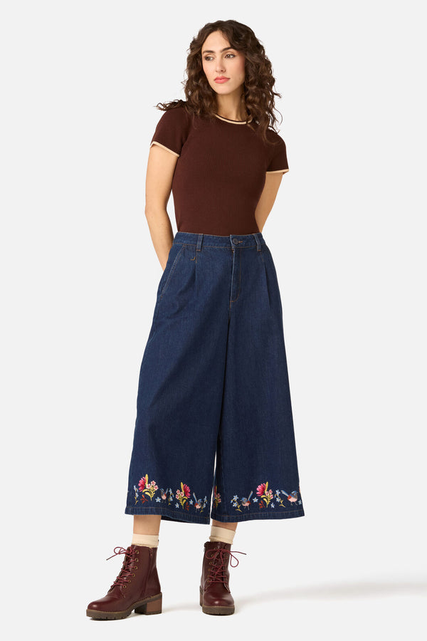 Princess Highway - Wren Embroidered Denim Culotte - dark-denim