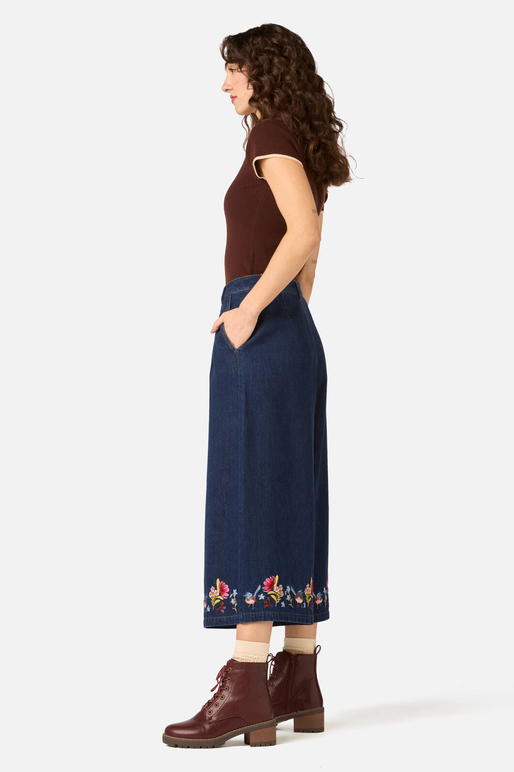 Princess Highway - Wren Embroidered Denim Culotte - dark-denim