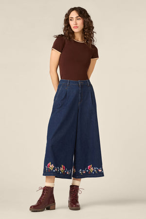 Princess Highway - Wren Embroidered Denim Culotte - dark-denim