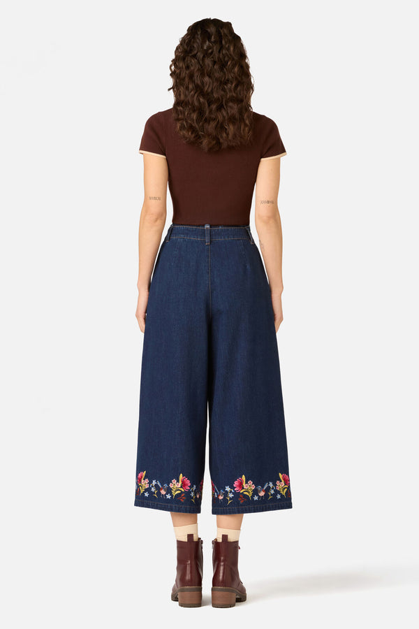 Princess Highway - Wren Embroidered Denim Culotte - dark-denim