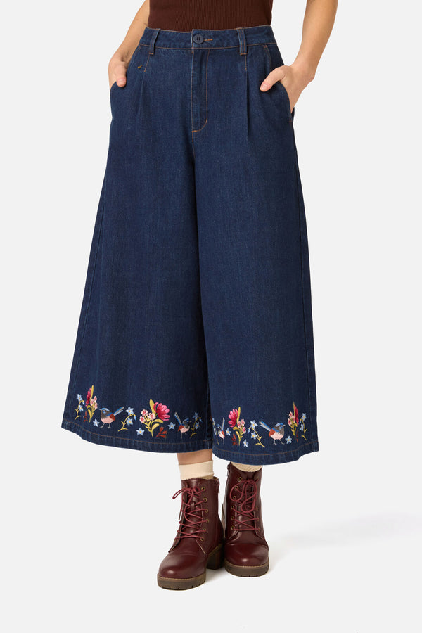 Princess Highway - Wren Embroidered Denim Culotte - dark-denim