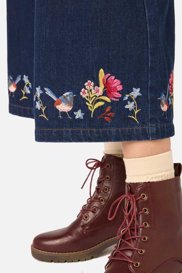 Princess Highway - Wren Embroidered Denim Culotte - dark-denim