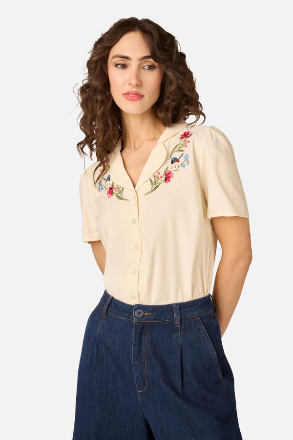 Princess Highway - Fairy Wren Embroidered Blouse - cream