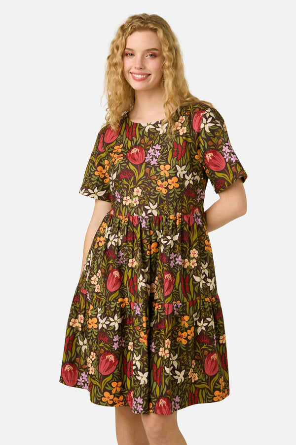 Princess Highway - Mira Native Flora Smock Dress - chocolate