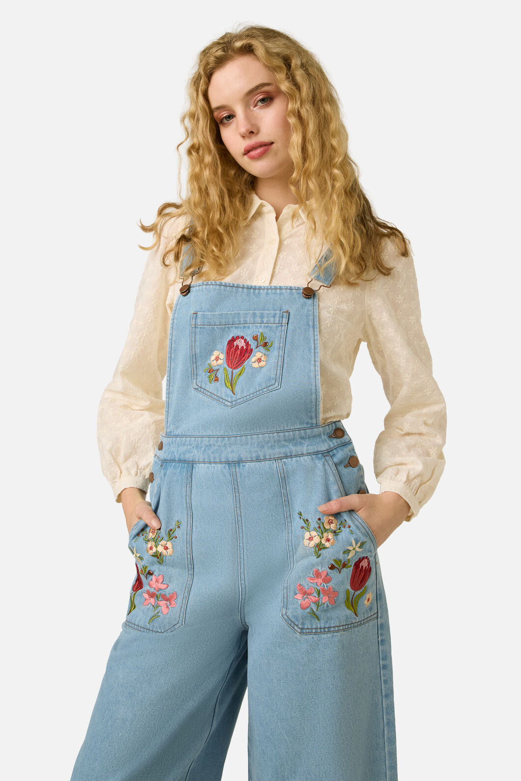 Princess Highway - Native Flora Embroidered Overall - light-denim