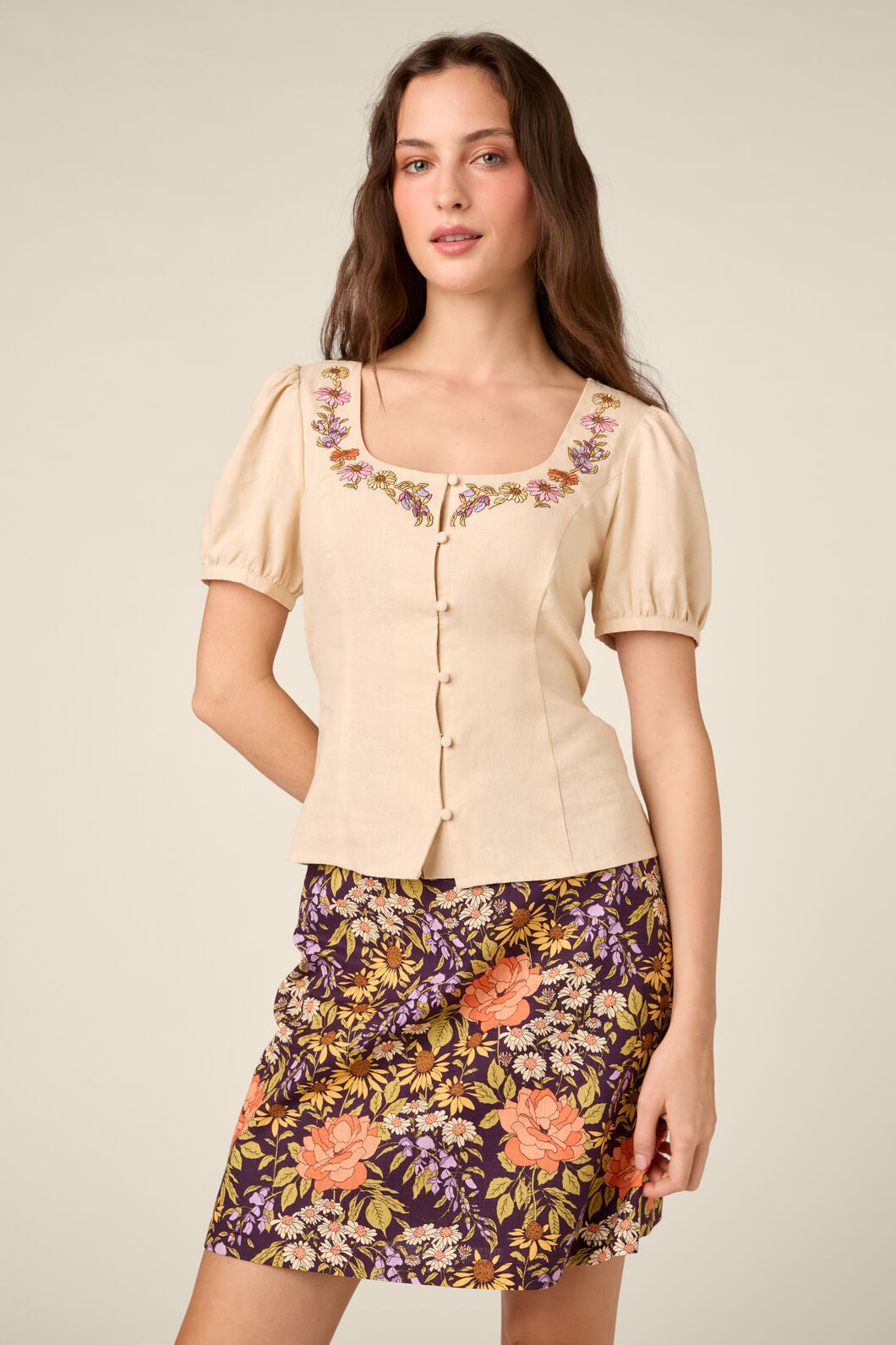 Princess Highway - Addie Floral Embroidered Top - cream