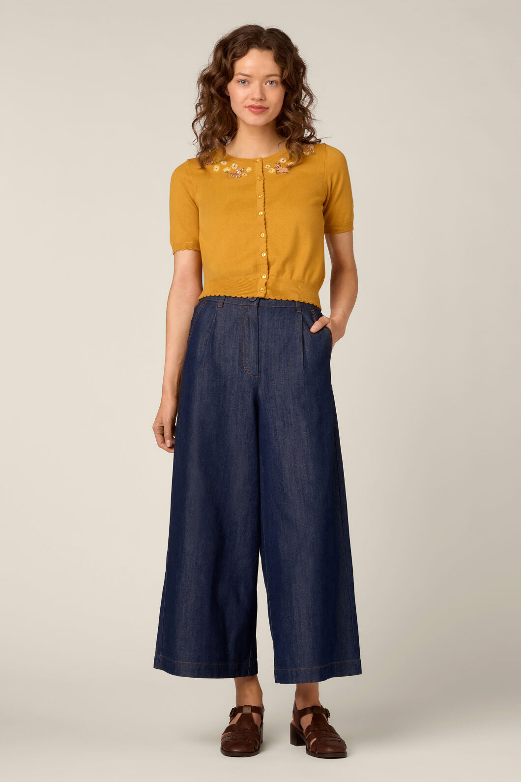 Princess Highway - Cute Dogs Embroidered Cardigan - mustard