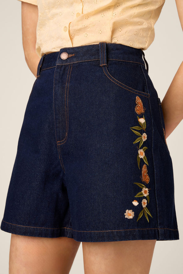 Princess Highway - Butterfly Embroidered Short - dark-denim