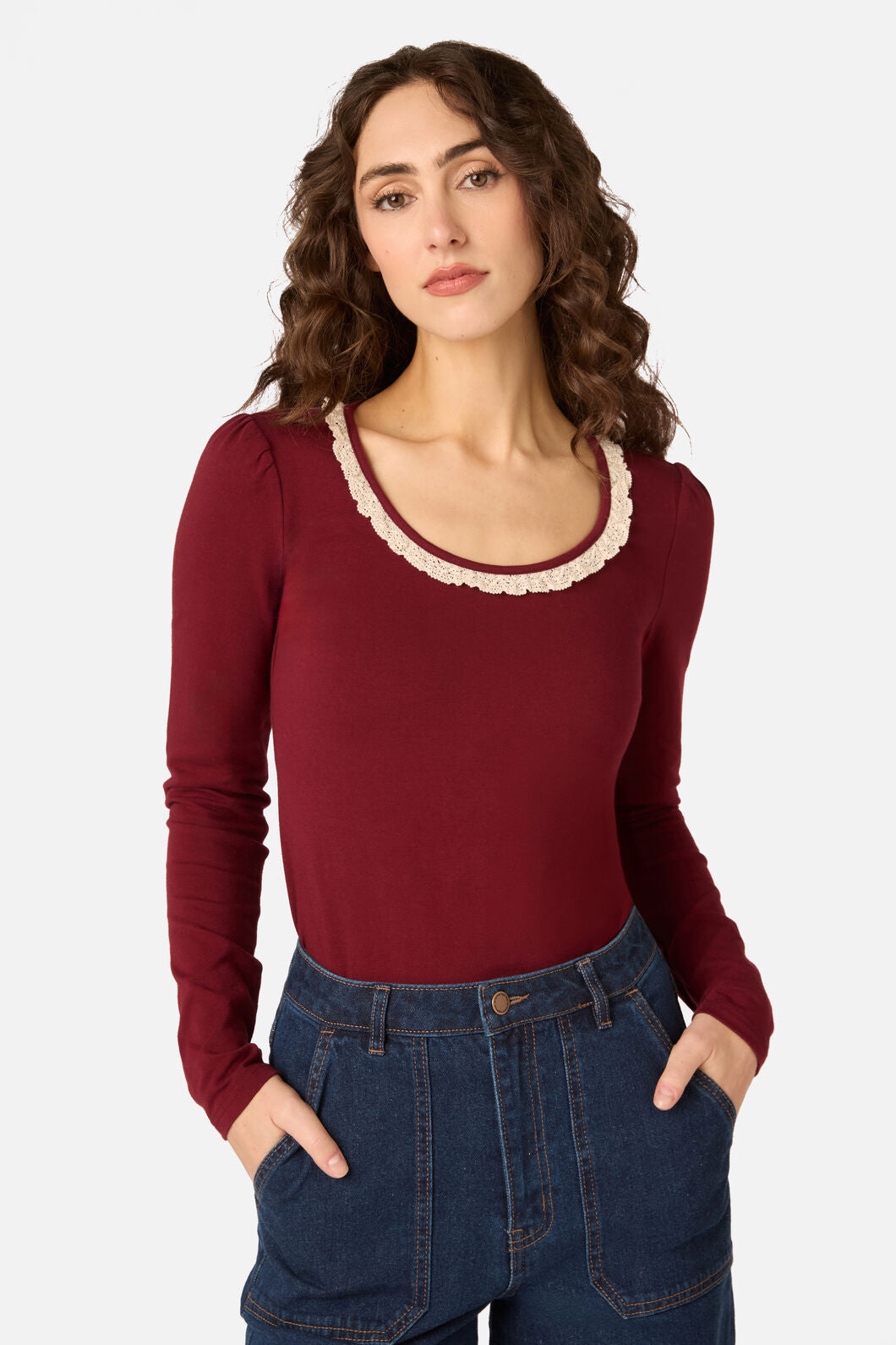 Princess Highway - Ada Long Sleeve Lace Trim Top - red-plum