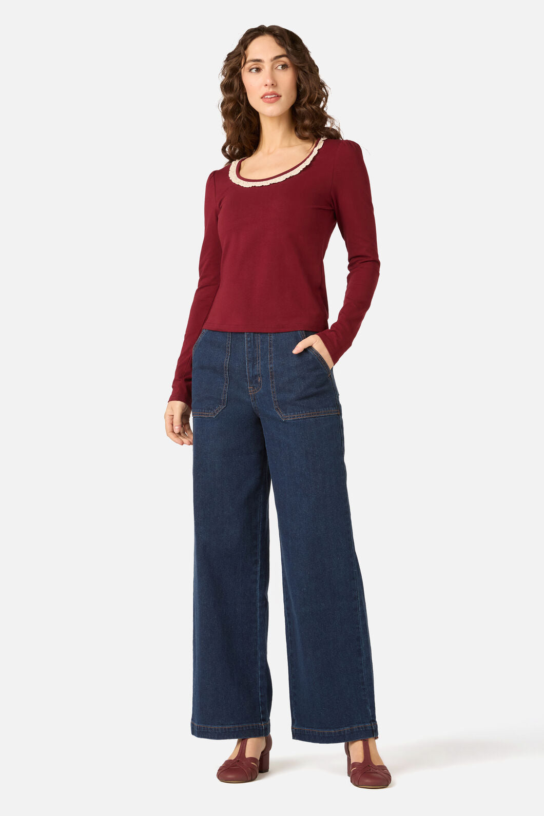 Princess Highway - Ada Long Sleeve Lace Trim Top - red-plum