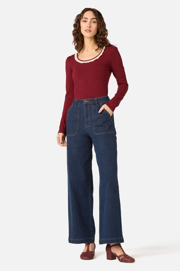 Princess Highway - Ada Long Sleeve Lace Trim Top - red-plum
