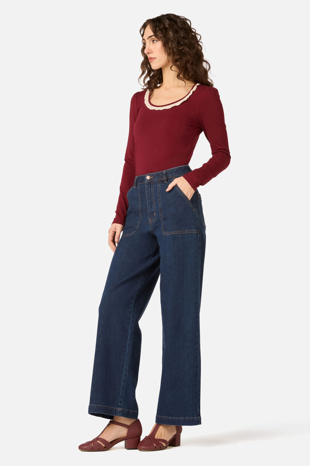 Princess Highway - Ada Long Sleeve Lace Trim Top - red-plum